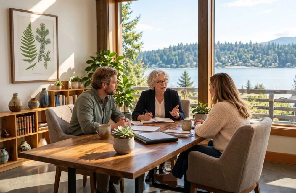 Comfortable family and couples counseling setting with tranquil lake view